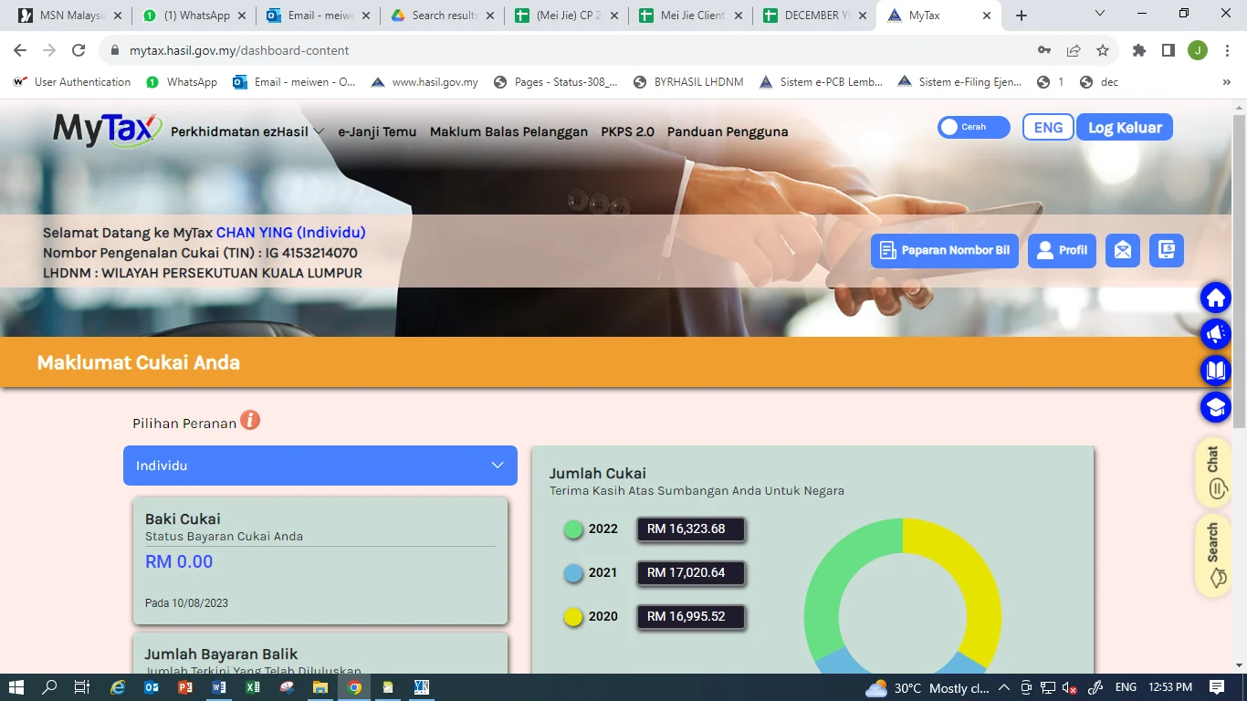 MyTax dashboard with Profil button