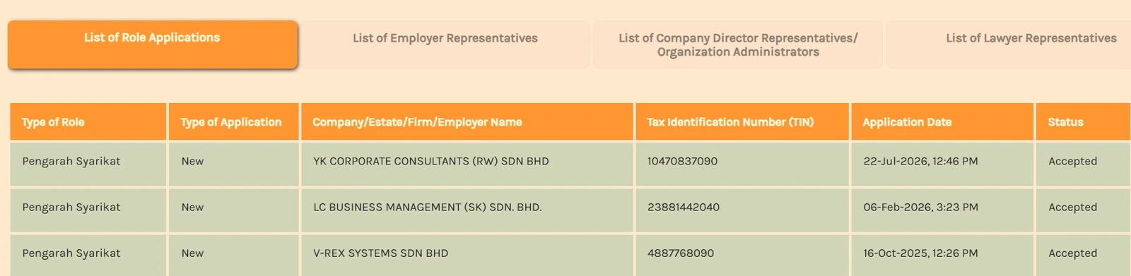 List of Role Applications showing Accepted status