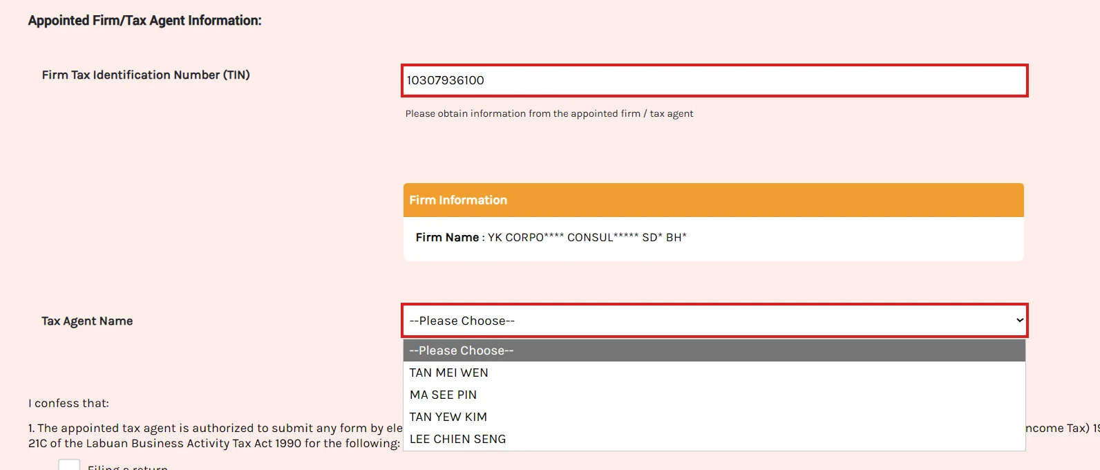 Firm TIN and Tax Agent Name fields