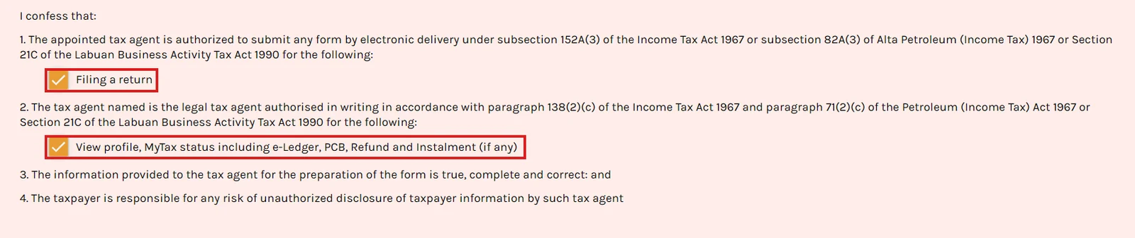 Declaration checkboxes ticked