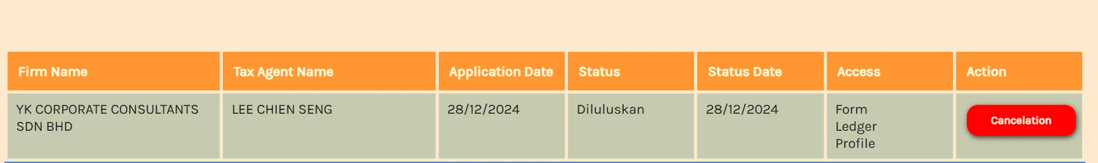 Appointment status table showing Diluluskan