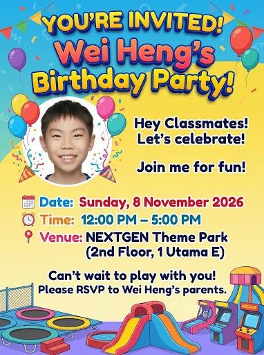 Wei Heng's birthday party invitation card